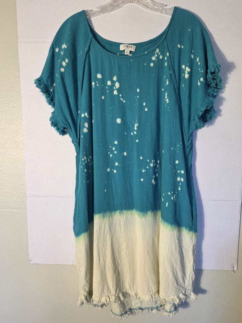 Umgee Boho Teal Bleach Splatter Dip Dye Frayed Linen Shift Dress Tunic Linen